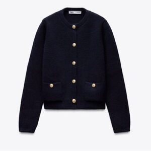 Zara Navy Knit Cardigan with Gold Buttons
